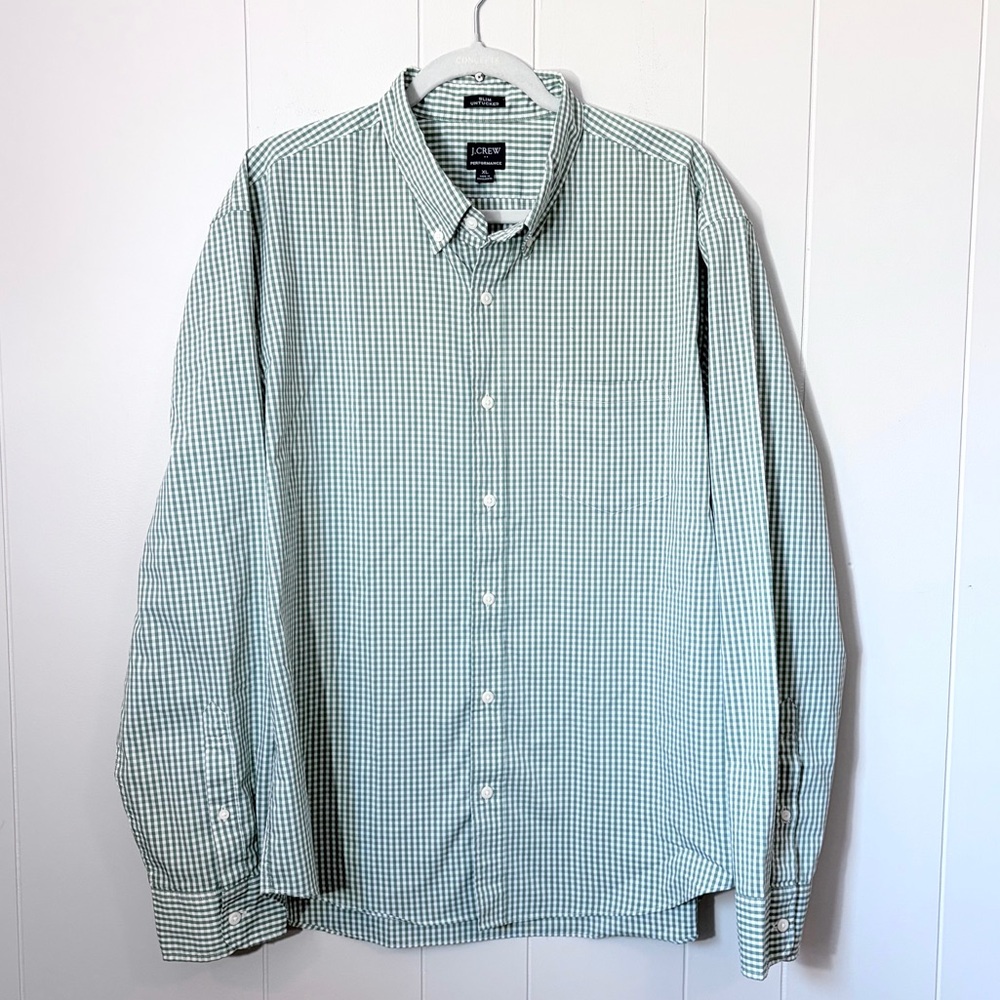 JCrew Men’s Performance Button Down Shirt Gingham Checks Green White Extra Large